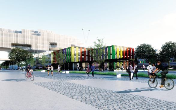 The new BI Building (right) with the Teaching Bridge beyond.&nbsp;