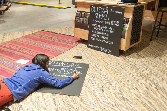 Handcrafted in-store messaging gives a personal touch to pricing and promotional information, which focus on local hikes and outdoor groups. Eastern white and red oak flooring was salvaged from dunnage.