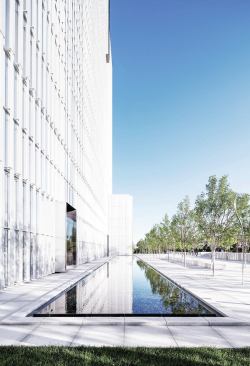 Reflecting pools in the plaza at the western edge of the site