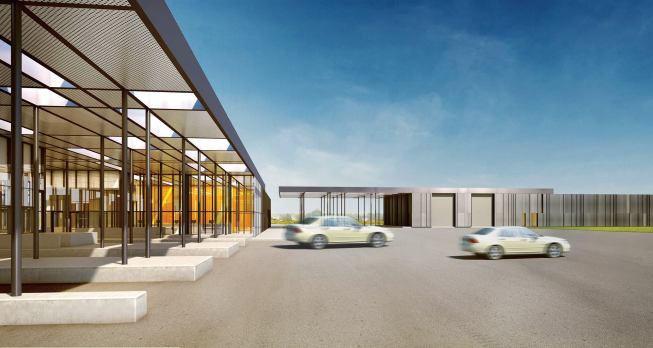 Clear sight lines from officer workspaces inside the port building to the vehicle processing areas under the canopies outside allow security needs to be met with few border-control officers. Openings in the roof canopy admit daylight to the space underneath; after sunset, artificial lighting is projected through the perforated aluminum ceiling panels.