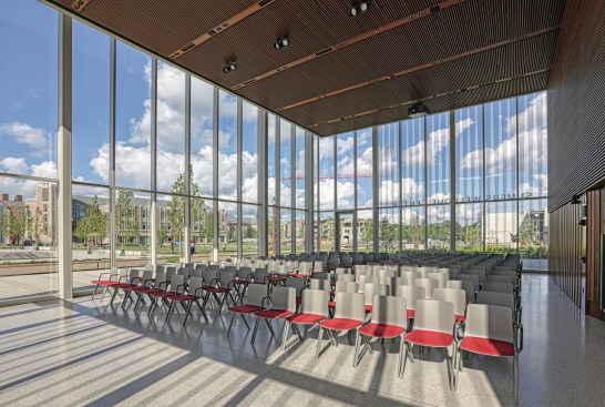The interior of the Gary M. Sumers Welcome Center, designed by KieranTimberlake, at Washington University in St. Louis.