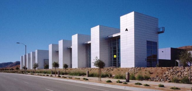 Setback glazing across the facades allows for daylighting within the space, while the projecting metal sections shade the curtain wall and reduce glare. 
A  FormaBond composite metal wall panels Centria 
www.centria.com Lightweight finished panels feature integrated joinery and stiffeners  Weathertight construction  Three available finish systems  Standard panels up to 60 inches wide, custom up to 180 inches wide  Available in 6- and 8-millimeter R&R and 8-millimeter Interplank profiles 
B  Curtain wall system Vistawall 
www.vistawall.com Available options for finished curtain wall systems include everything from a low-budget engineered system to Reliance, a highperforming, pressure equalizing curtain wall system with enhanced thermal performance  Aluminum framing construction