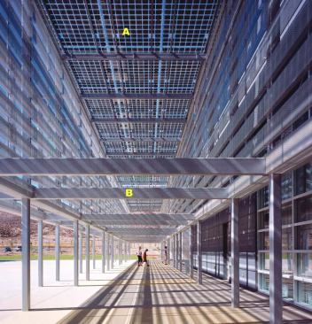 Each museum features a loggia on the plaza side of the building, with a canopy of photovoltaic cells and sunshades of metal mesh. 
A  6-inch-square photovoltaic cells Sharp 
www.sharpusa.com &nbsp;  Solar modules available from 62 watts to 208 watts of generated power  Cells range from 4 inches to 6 inches on a side  Rectangular and triangular framing options allow the user to most effectively fill available space to generate the maximum amount of power  Monocrystalline silicon solar cells used in every installation 
B  Steel structure Columbia Steel 
www.columbiasteelinc.com &nbsp;  Custom fabrication of structural steel frames as well as installation of finish work detailed in other metals  Highly automated equipment makes the process of fabrication and installation faster and more efficient