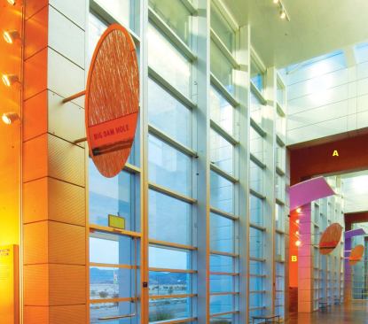 The public spaces are highly trafficked and showcase a series of resilient products, while still featuring bright colors to contribute to the welcoming and educational atmosphere. 
A  Interior paint Frazee Paints 
www.frazee.com &nbsp;  Product line includes paints, primers, sealers, and undercoats  Various finishes and different levels of gloss  Latex finish creates a washable surface  Extensive color palette  Available in zero-VOC, low-odor formulations 
B  Gypsum drywall USG 
www.usg.com &nbsp;  Gypsum core faced with recycled paper for both finished surface and backing  Gypsum core is fire resistant  Humitek panels off er mold and mildew resistance in the gypsum core  Firecode panels feature formulated core to correspond to diff erent code ratings  Abuse-resistant panels resist surface gouges and impressions associated with high-traffic wear and tear  Varied thicknesses depending on options selected  Different sheet sizes for different installations