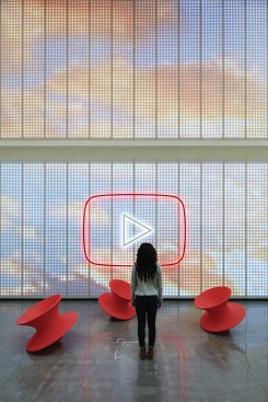 Designed for the main lobby of YouTube’s California headquarters, Soft Screen is a responsive architectural partition with more than 30,000 LEDs hidden behind a fuzzy acoustical membrane. By standing on medallions distributed throughout the lobby, visitors trigger interactive features within the wall, creating a personalized experience.