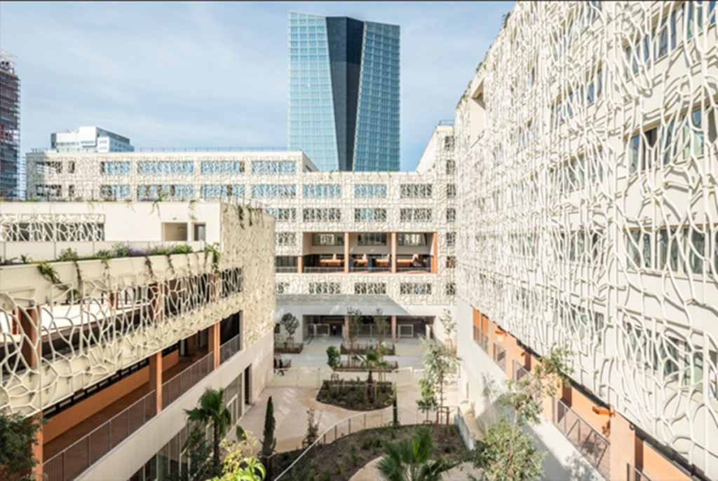 Credit: Lisa RicciottiThe façade of Cité Scolaire Internationale Jacques Chirac in Marseille, France, uses 880 openwork panels made of bio-composites.